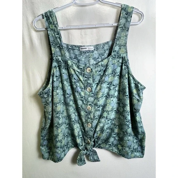 Sonoma Womens L Linen Tank Top Square Neck Tie Button Olive Blue Floral Boho - Picture 1 of 8